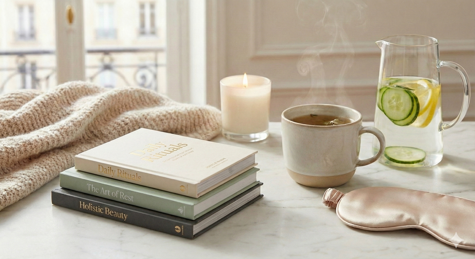 The New Year Skin Reset: How to Repair Relaxing image of tea, books, candles, sleep mask, and water | Your Moisture Barrier & Restore Your Glow