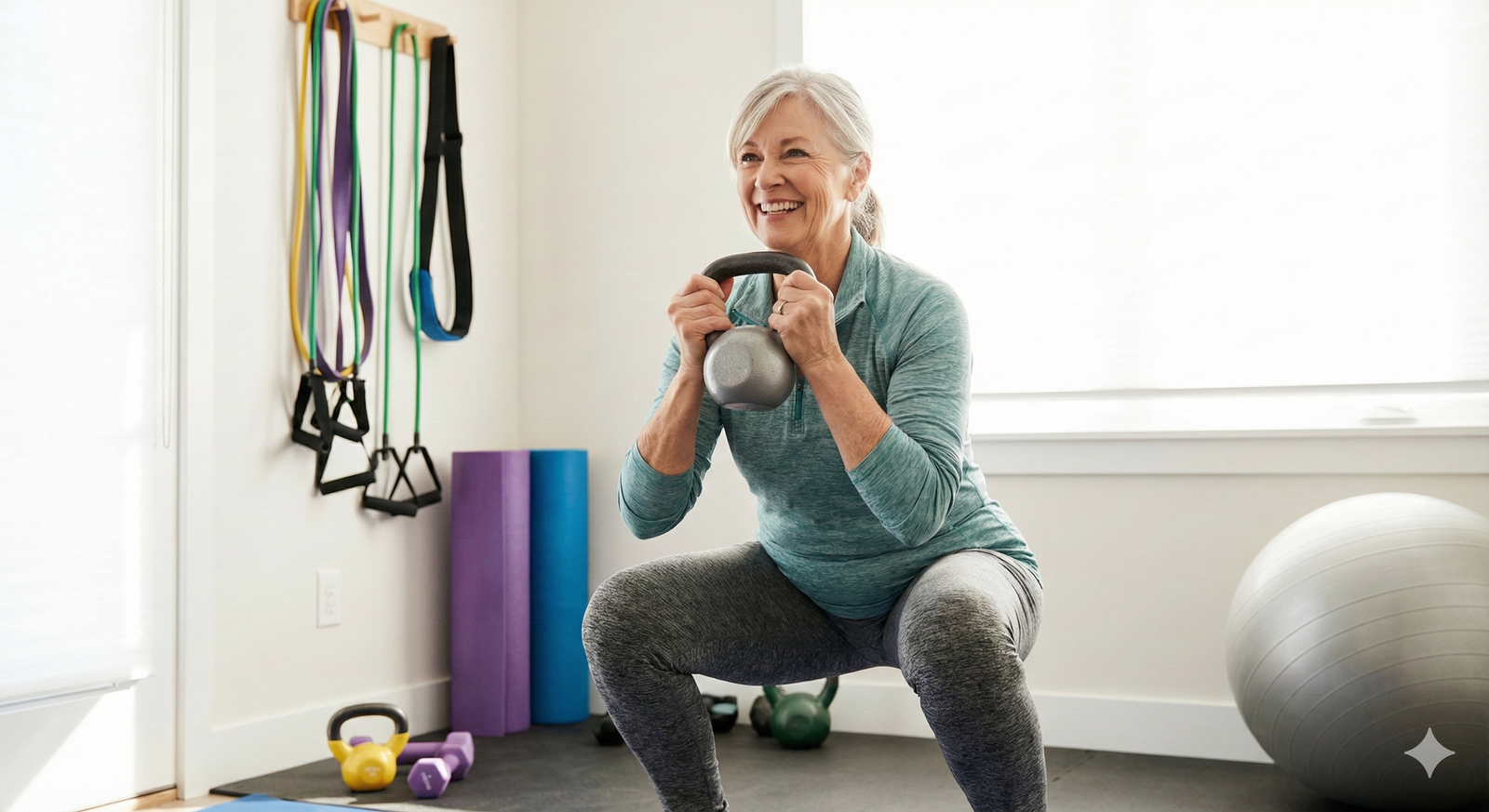 Happy mature woman over 50 performing a kettlebell squat for functional strength training