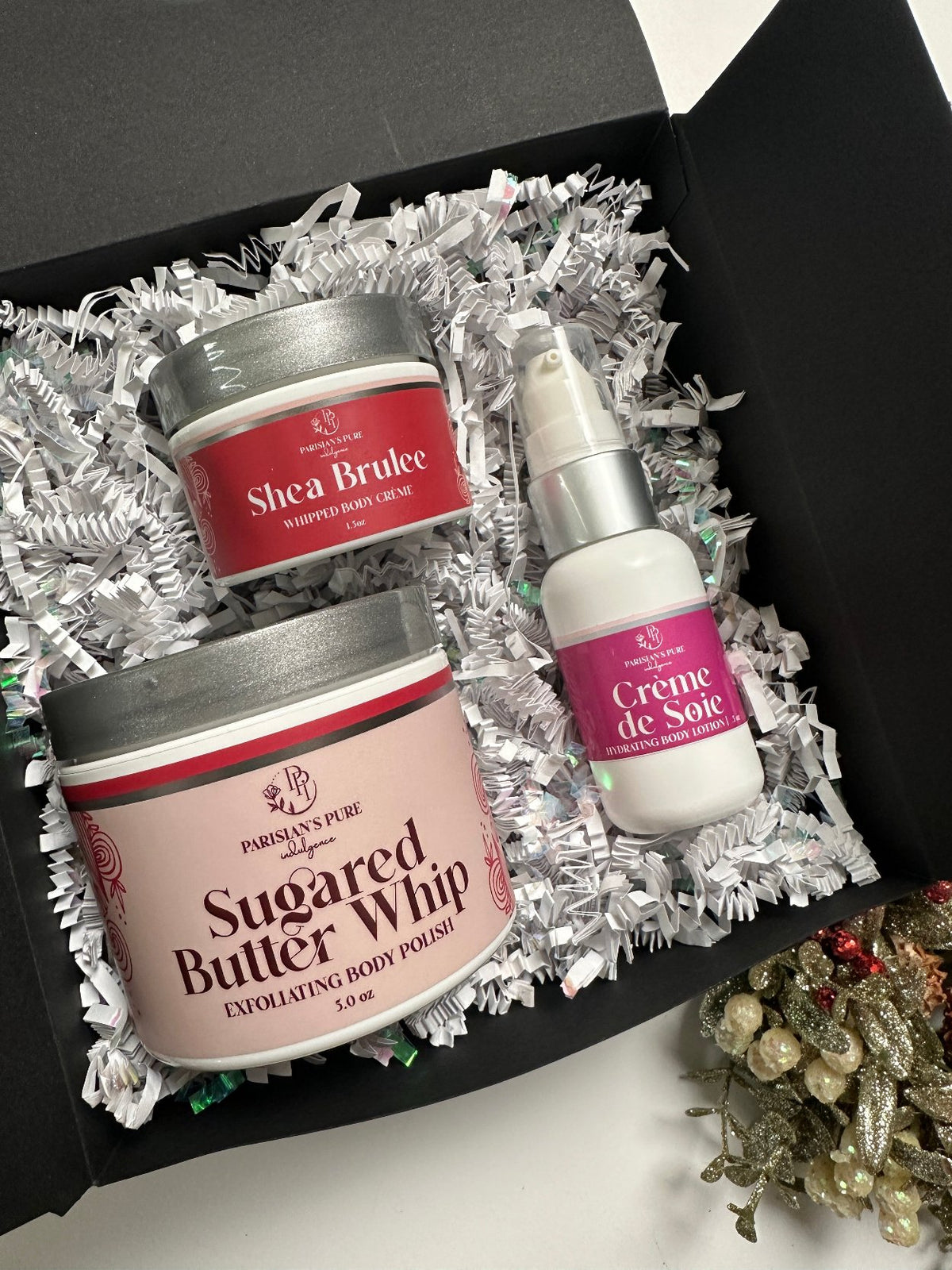Sugared Butter Whip Body Polish, Shea Brulee Cuticle Cream, Creme de Soie Body Lotion