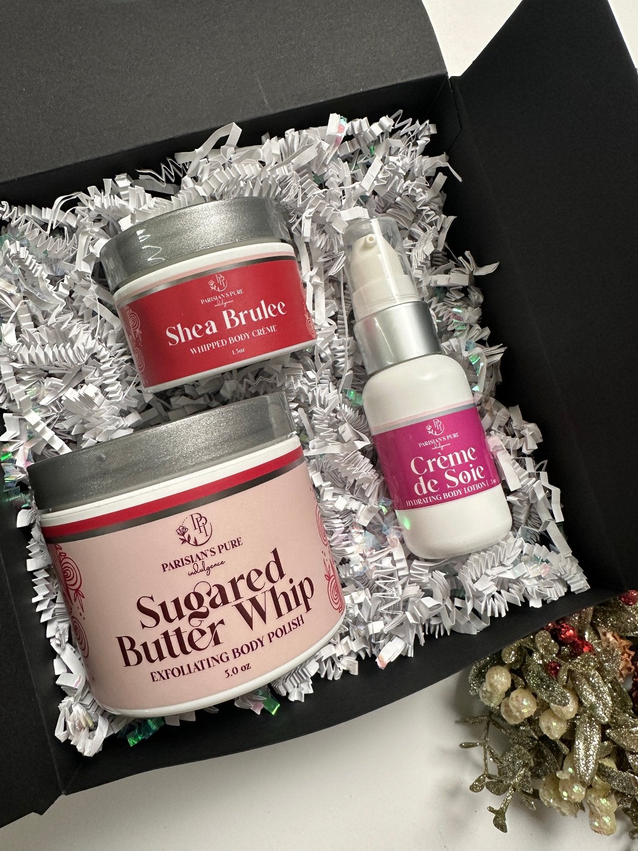 Sugared Butter Whip Body Polish, Shea Brulee Cuticle Cream, Creme de Soie Body Lotion