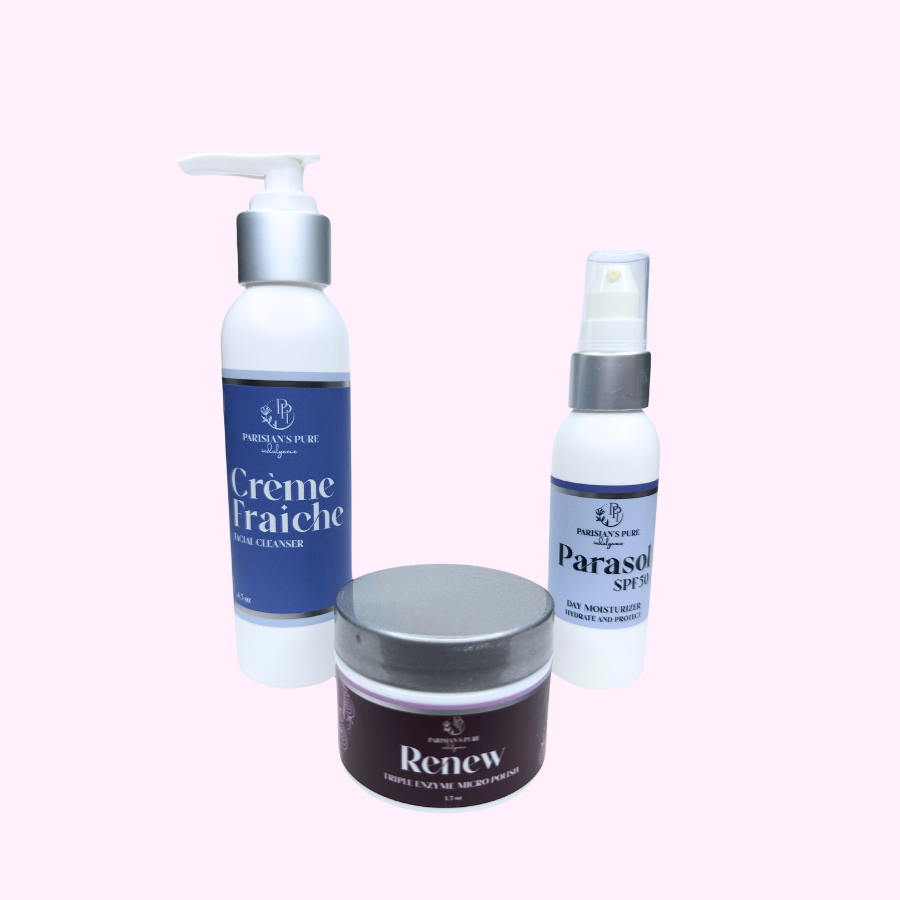 New! Creme Fraiche Face Cleanser, Renew Micro Polish, Parasol SPF 50 Day Moisturizer Bundle