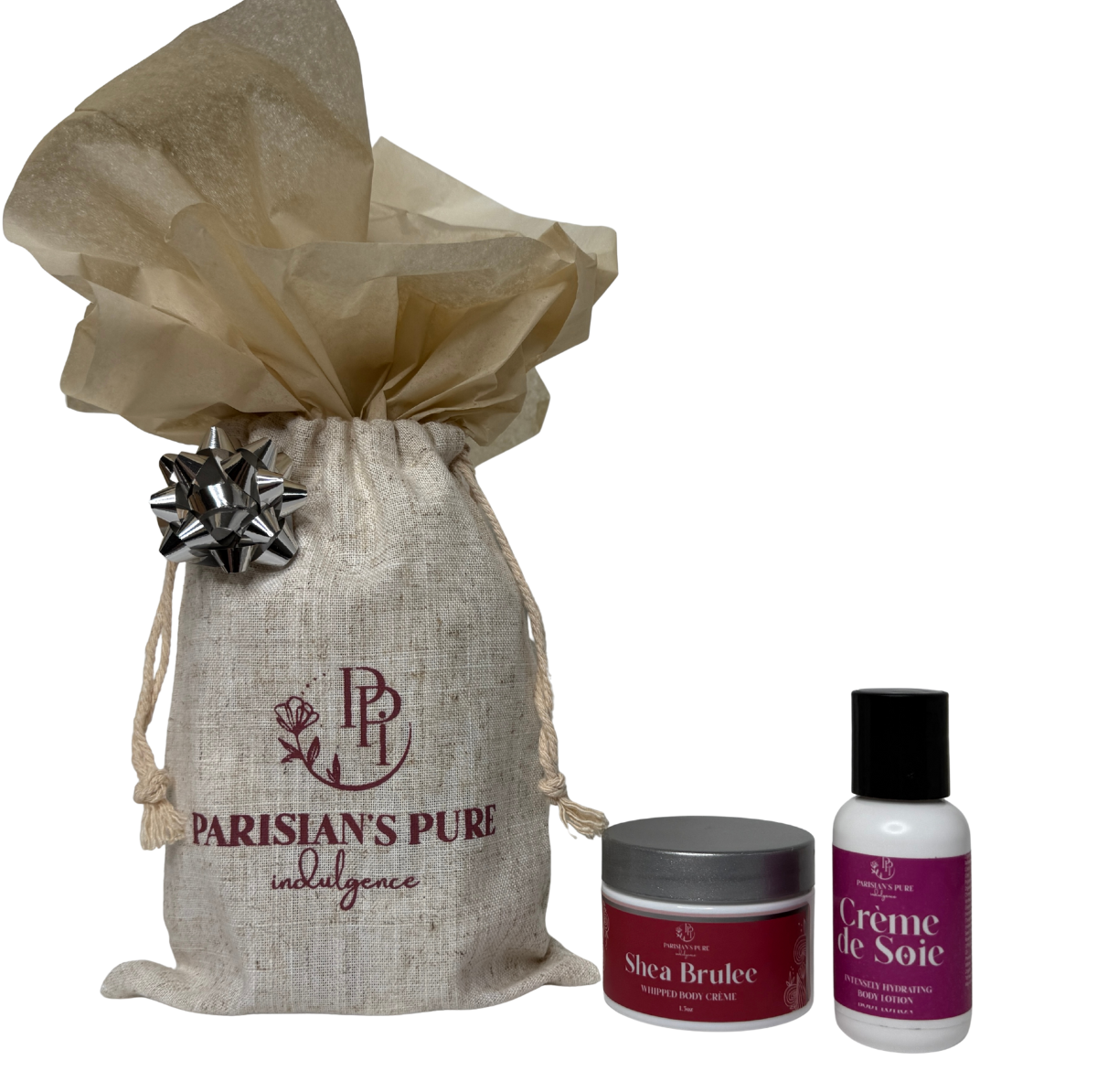 Gift set with 'Parisian's Pure' branded bag, jar, and bottle on a white background
